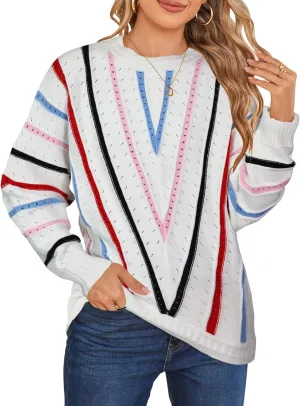 Cakulo Womens 2024 Sweaters Oversized Fall Tunic Batwing Crochet Pullover Knit Sweater Trendy Crew Neck Top