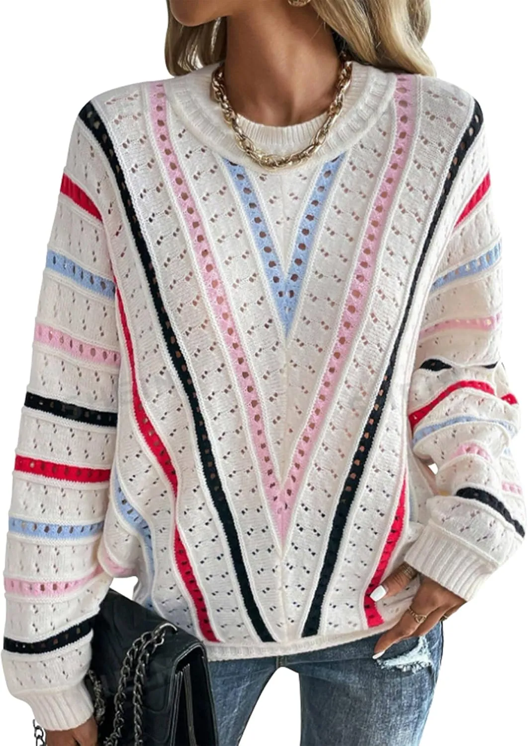 Cakulo Womens 2024 Sweaters Oversized Fall Tunic Batwing Crochet Pullover Knit Sweater Trendy Crew Neck Top