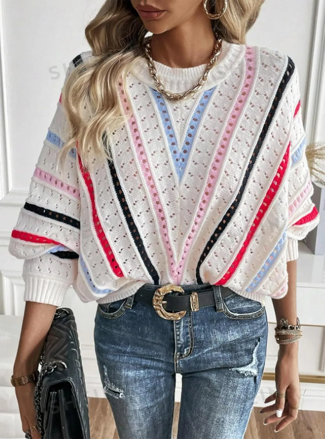 Cakulo Womens 2024 Sweaters Oversized Fall Tunic Batwing Crochet Pullover Knit Sweater Trendy Crew Neck Top