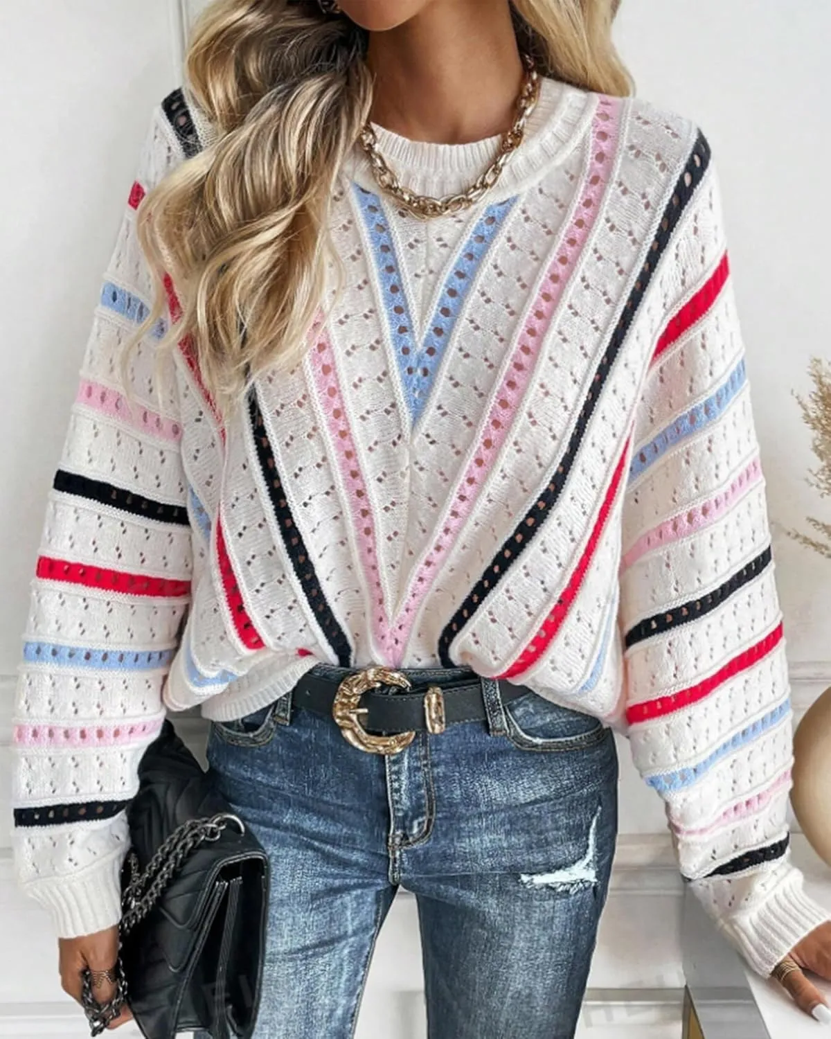Cakulo Womens 2024 Sweaters Oversized Fall Tunic Batwing Crochet Pullover Knit Sweater Trendy Crew Neck Top