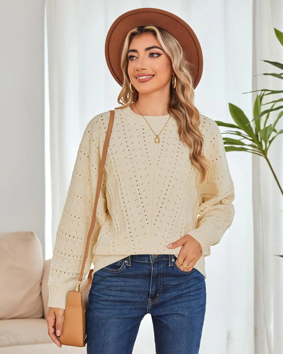 Cakulo Womens 2024 Sweaters Oversized Fall Tunic Batwing Crochet Pullover Knit Sweater Trendy Crew Neck Top