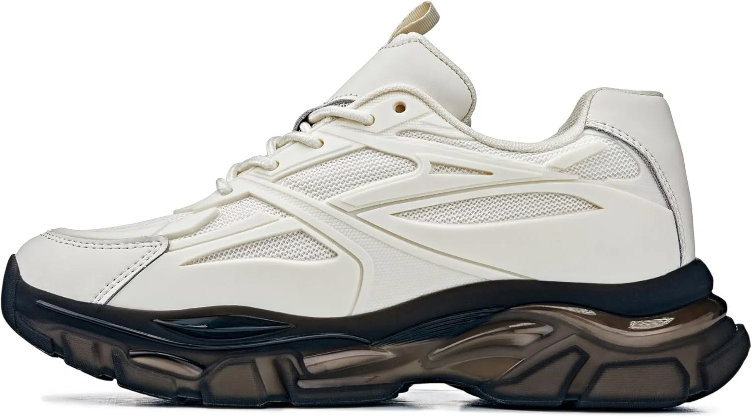 CALTO Men's Invisible Height Increasing Elevator Shoes - Beige/Translucent Onyx Sole Chunky Sole Lace-up Sporty Sneakers - 2.6 Inches Taller - S5283 - Size 12 D(M) US