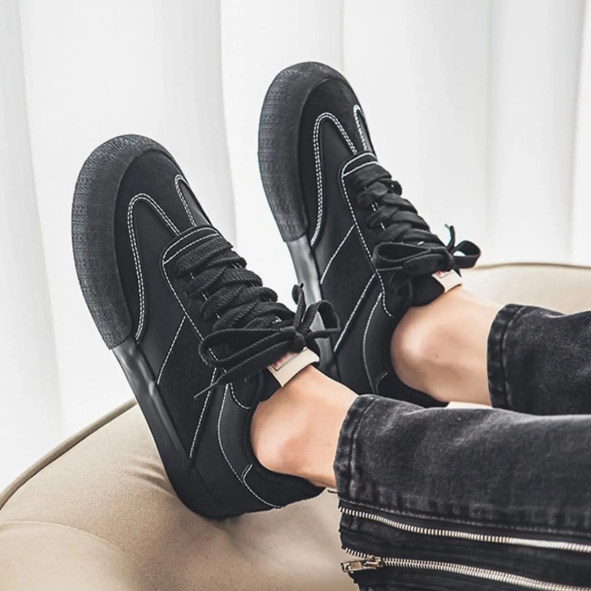 Canvas Chunky Sneakers for Women Retro Leather Upper Walking Shoes Flat Platform Thick Sole