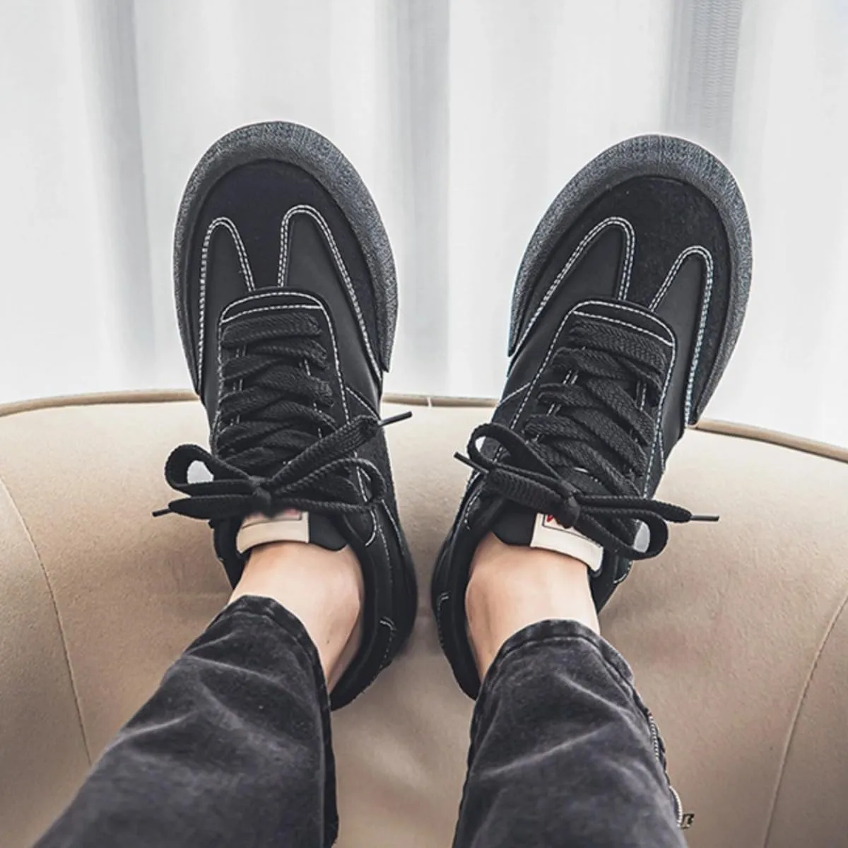Canvas Chunky Sneakers for Women Retro Leather Upper Walking Shoes Flat Platform Thick Sole