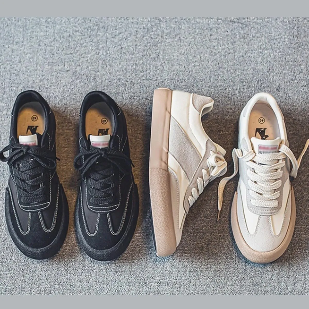 Canvas Chunky Sneakers for Women Retro Leather Upper Walking Shoes Flat Platform Thick Sole