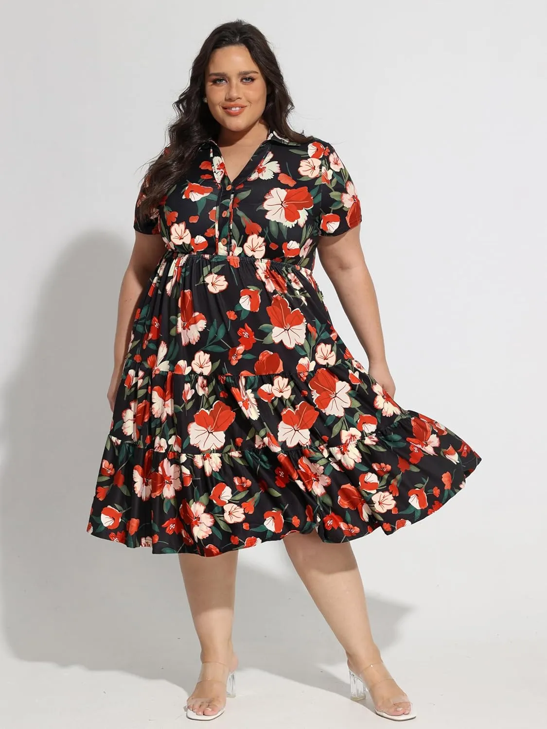 CARCOS Plus Size Dresses for Curvy Women Collared Vneck Short Sleeve Dresses Midi Summer Ruffle Dress with Pocket XL-5XL