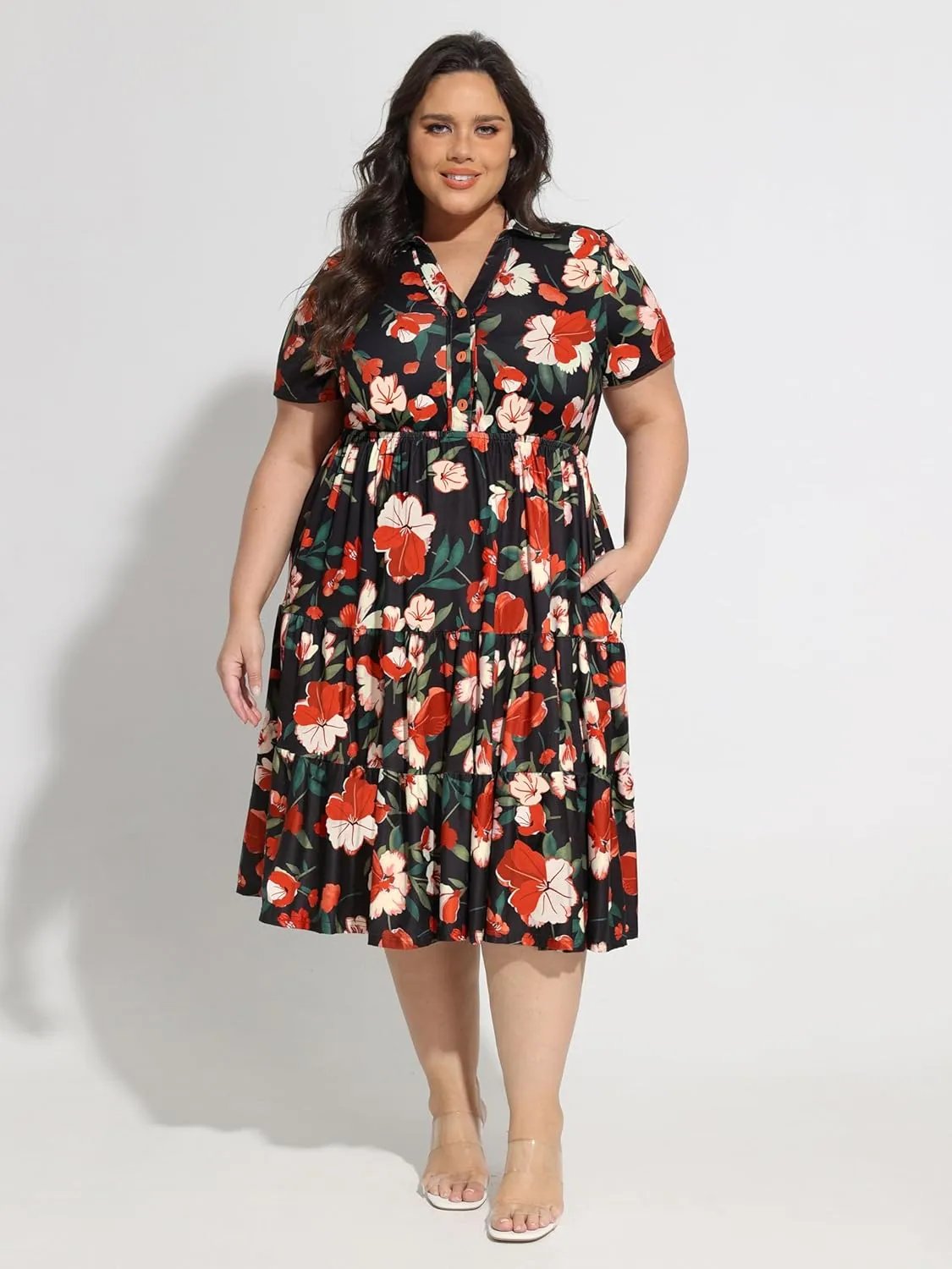 CARCOS Plus Size Dresses for Curvy Women Collared Vneck Short Sleeve Dresses Midi Summer Ruffle Dress with Pocket XL-5XL