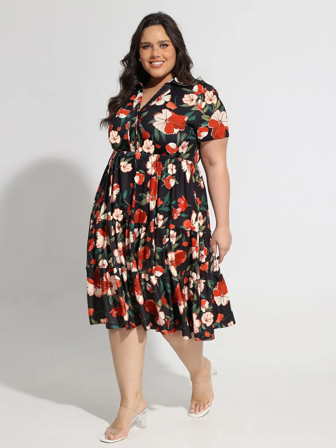 CARCOS Plus Size Dresses for Curvy Women Collared Vneck Short Sleeve Dresses Midi Summer Ruffle Dress with Pocket XL-5XL