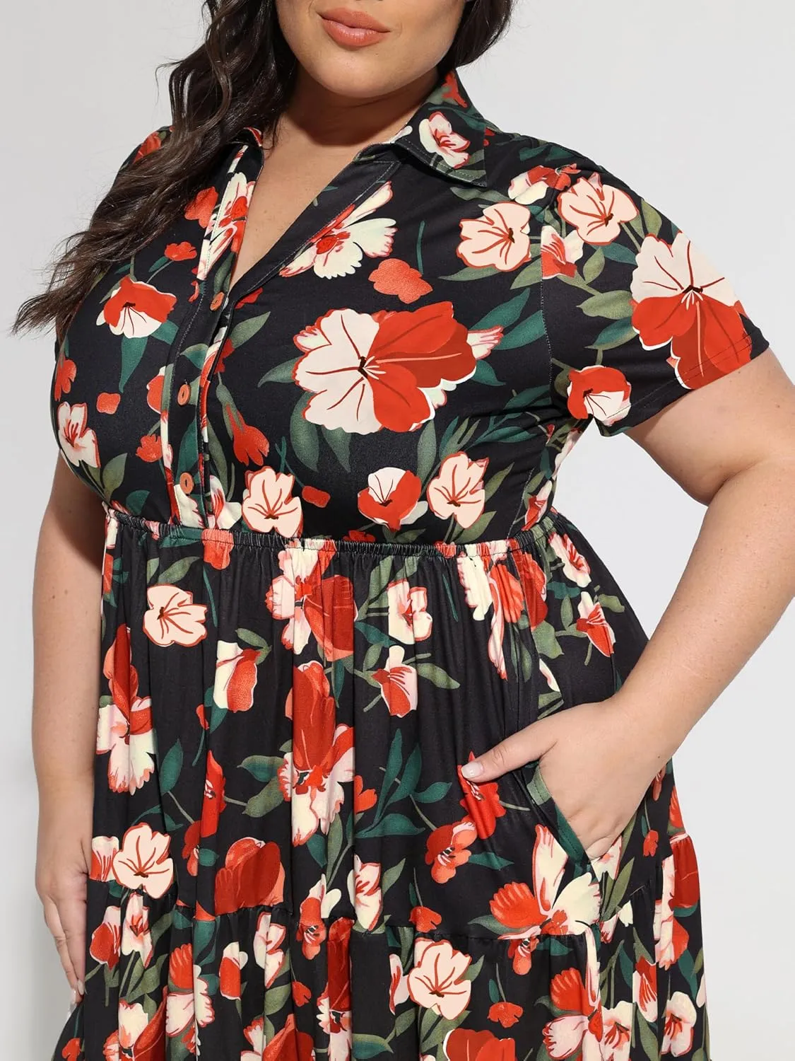 CARCOS Plus Size Dresses for Curvy Women Collared Vneck Short Sleeve Dresses Midi Summer Ruffle Dress with Pocket XL-5XL