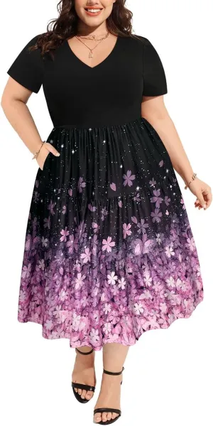 CARCOS Plus Size Dresses for Women Summer Short Sleeve V Neck Patchwork Dresseses XL-5XL