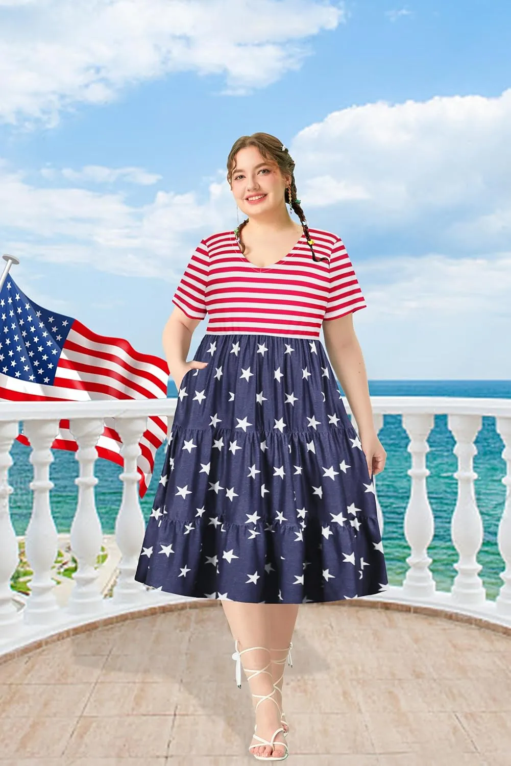 CARCOS Plus Size Dresses for Women Summer Short Sleeve V Neck Patchwork Dresseses XL-5XL