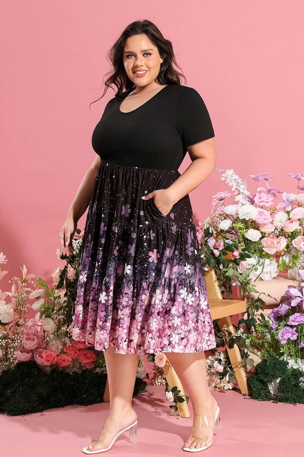 CARCOS Plus Size Dresses for Women Summer Short Sleeve V Neck Patchwork Dresseses XL-5XL