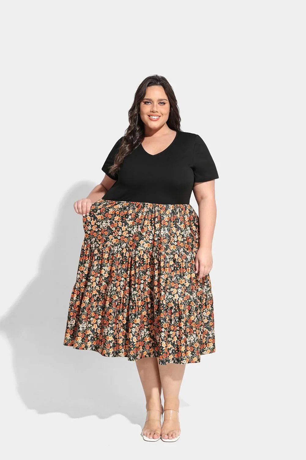 CARCOS Plus Size Dresses for Women Summer Short Sleeve V Neck Patchwork Dresseses XL-5XL