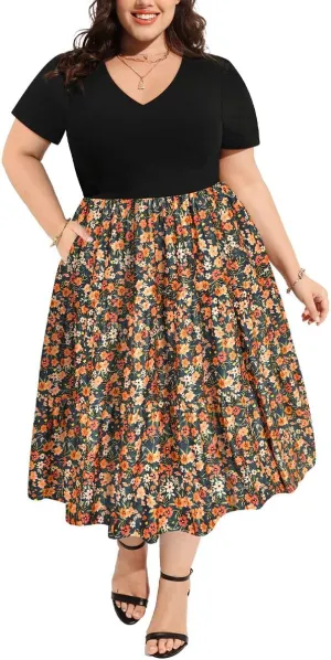 CARCOS Plus Size Dresses for Women Summer Short Sleeve V Neck Patchwork Dresseses XL-5XL