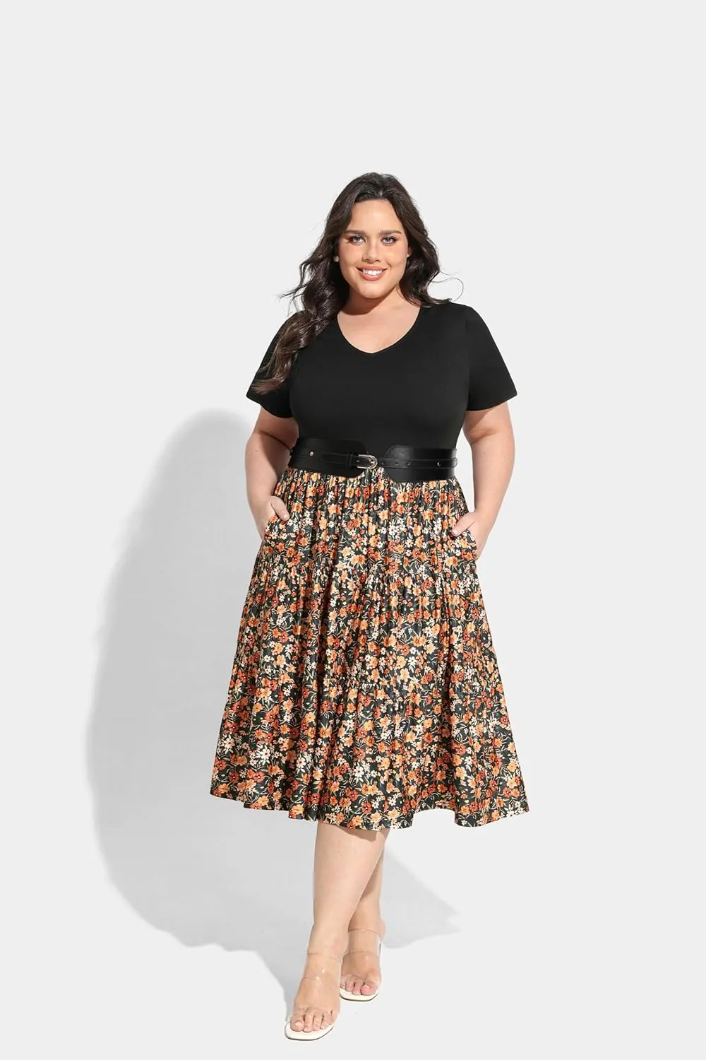 CARCOS Plus Size Dresses for Women Summer Short Sleeve V Neck Patchwork Dresseses XL-5XL