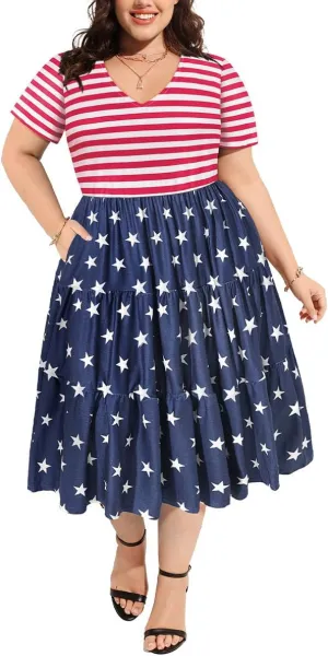 CARCOS Plus Size Dresses for Women Summer Short Sleeve V Neck Patchwork Dresseses XL-5XL