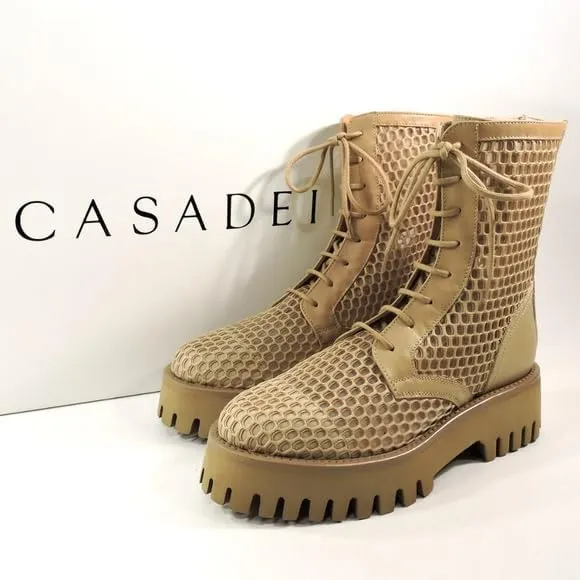 CASADEI Womens Sand Leather Summer Ankle Boots, Lace Up