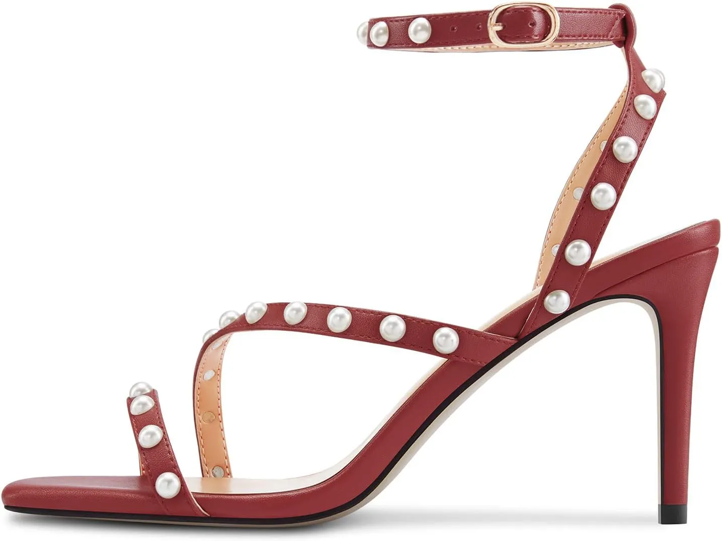 Castamere Women Mid Heel Open Toe Ankle Strap Sandals Pearls Cross-Strap Wedding Dress 3.2 Inches Heels