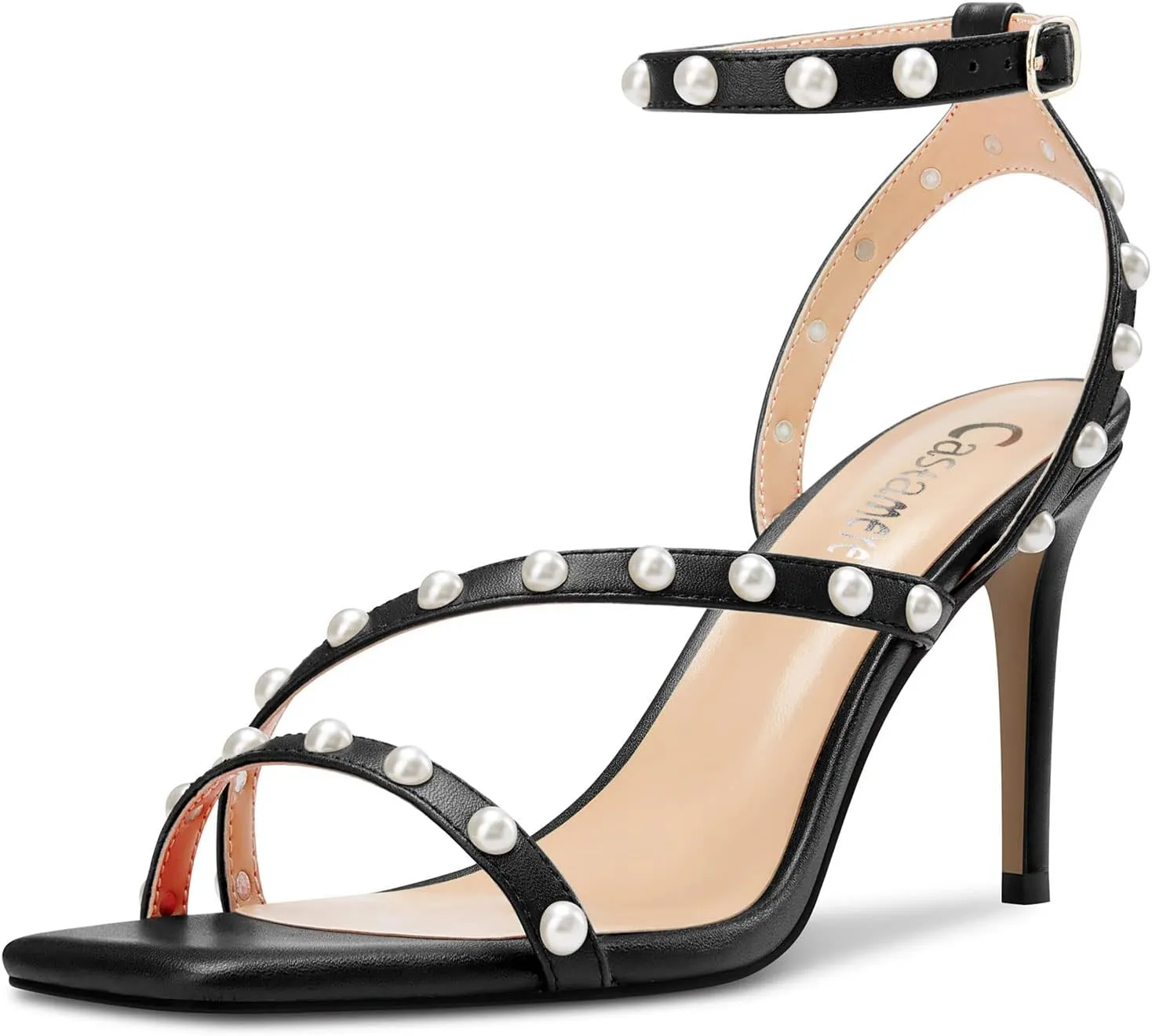 Castamere Women Mid Heel Open Toe Ankle Strap Sandals Pearls Cross-Strap Wedding Dress 3.2 Inches Heels