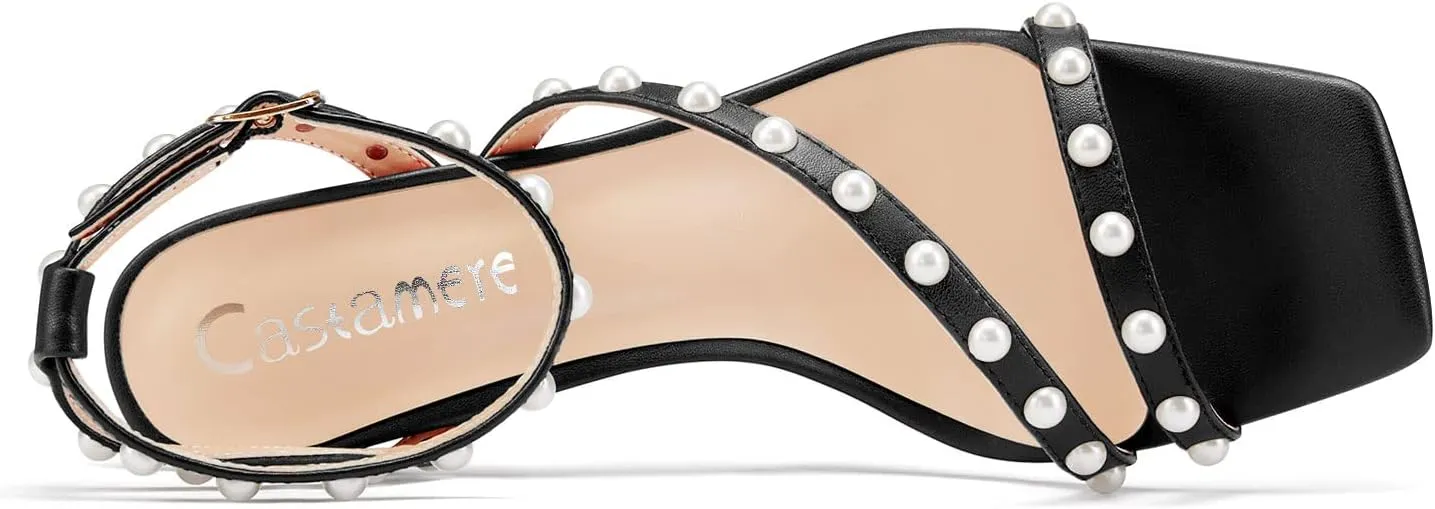 Castamere Women Mid Heel Open Toe Ankle Strap Sandals Pearls Cross-Strap Wedding Dress 3.2 Inches Heels