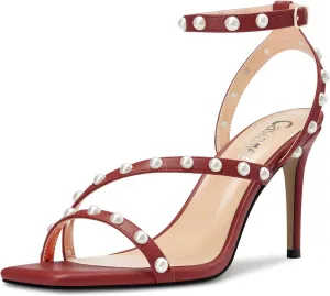 Castamere Women Mid Heel Open Toe Ankle Strap Sandals Pearls Cross-Strap Wedding Dress 3.2 Inches Heels