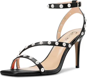 Castamere Women Mid Heel Open Toe Ankle Strap Sandals Pearls Cross-Strap Wedding Dress 3.2 Inches Heels