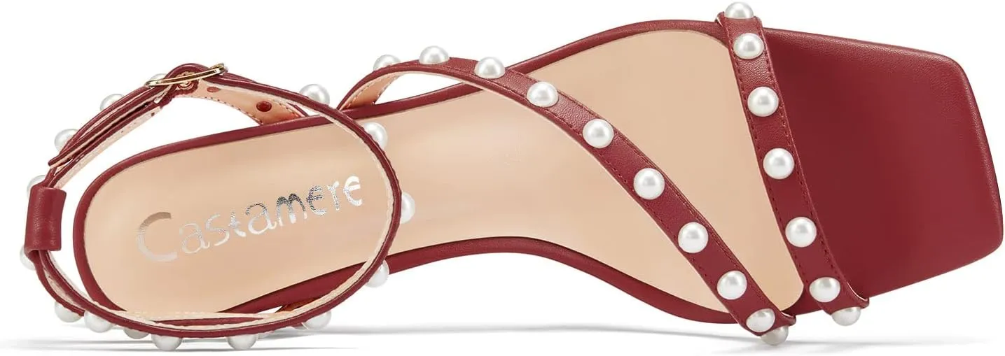 Castamere Women Mid Heel Open Toe Ankle Strap Sandals Pearls Cross-Strap Wedding Dress 3.2 Inches Heels