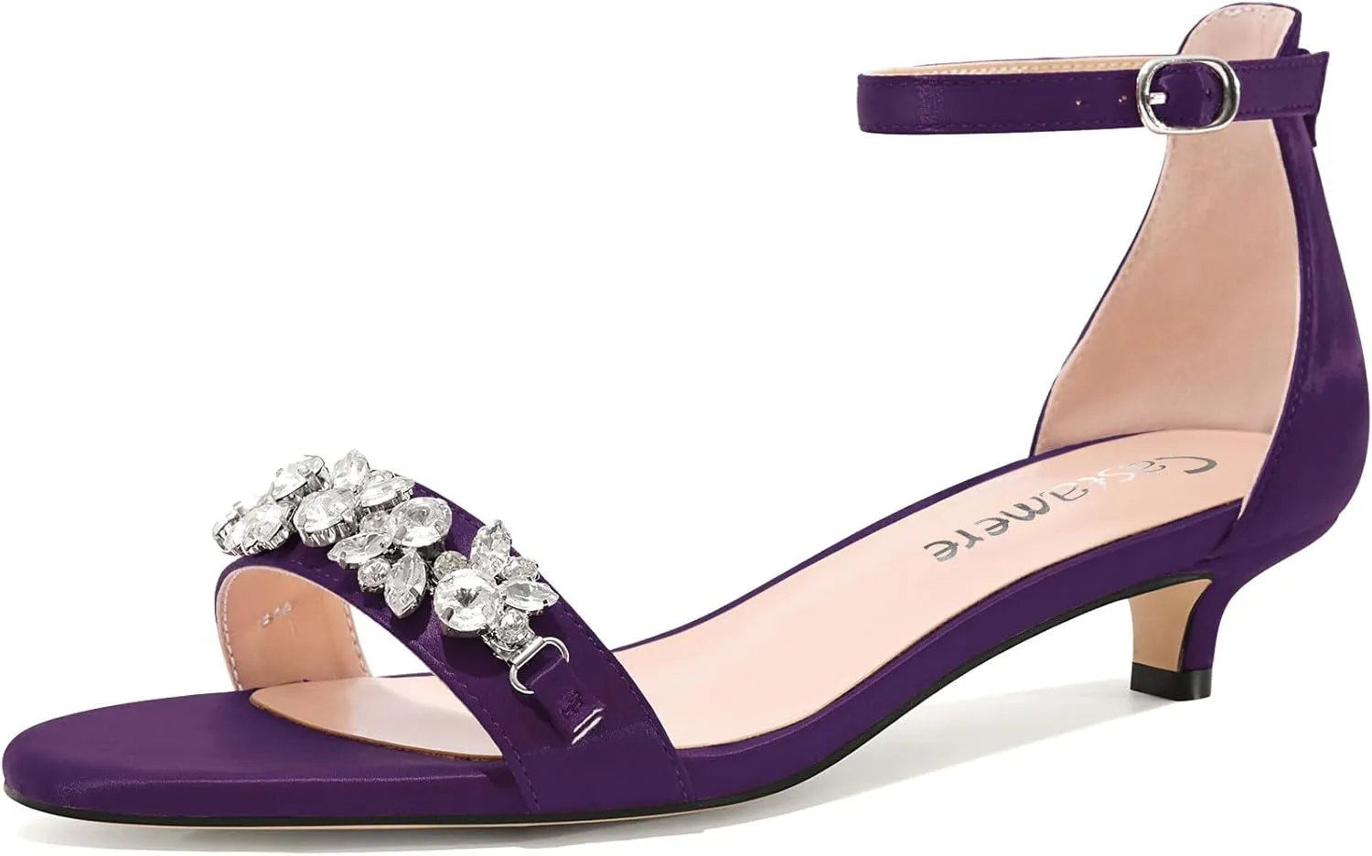 Castamere Womens Low Kitten Heel Open Toe Sandals Ankle Strap Rhinestone Crystal Wedding Dress Satin 1.2 Inches Heels