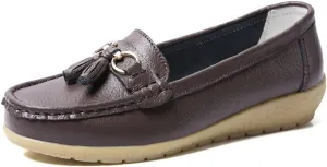 Casual Women's Loafers Flat Metal Buckle Comfortable Lightweight Penny Loafers for Womens Leather Slip-on Outdoor Driving Moccasion Boat Shoes