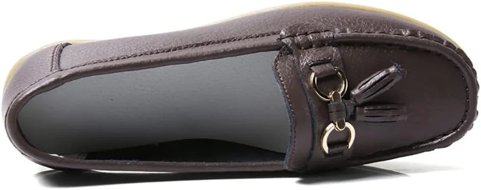 Casual Women's Loafers Flat Metal Buckle Comfortable Lightweight Penny Loafers for Womens Leather Slip-on Outdoor Driving Moccasion Boat Shoes