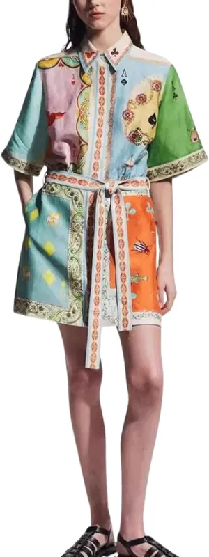 CHARTOU Women's Button Shirt Dress Floral Short Sleeve Lapel Collar Tie Knot Linen A Line Dress with Pockets