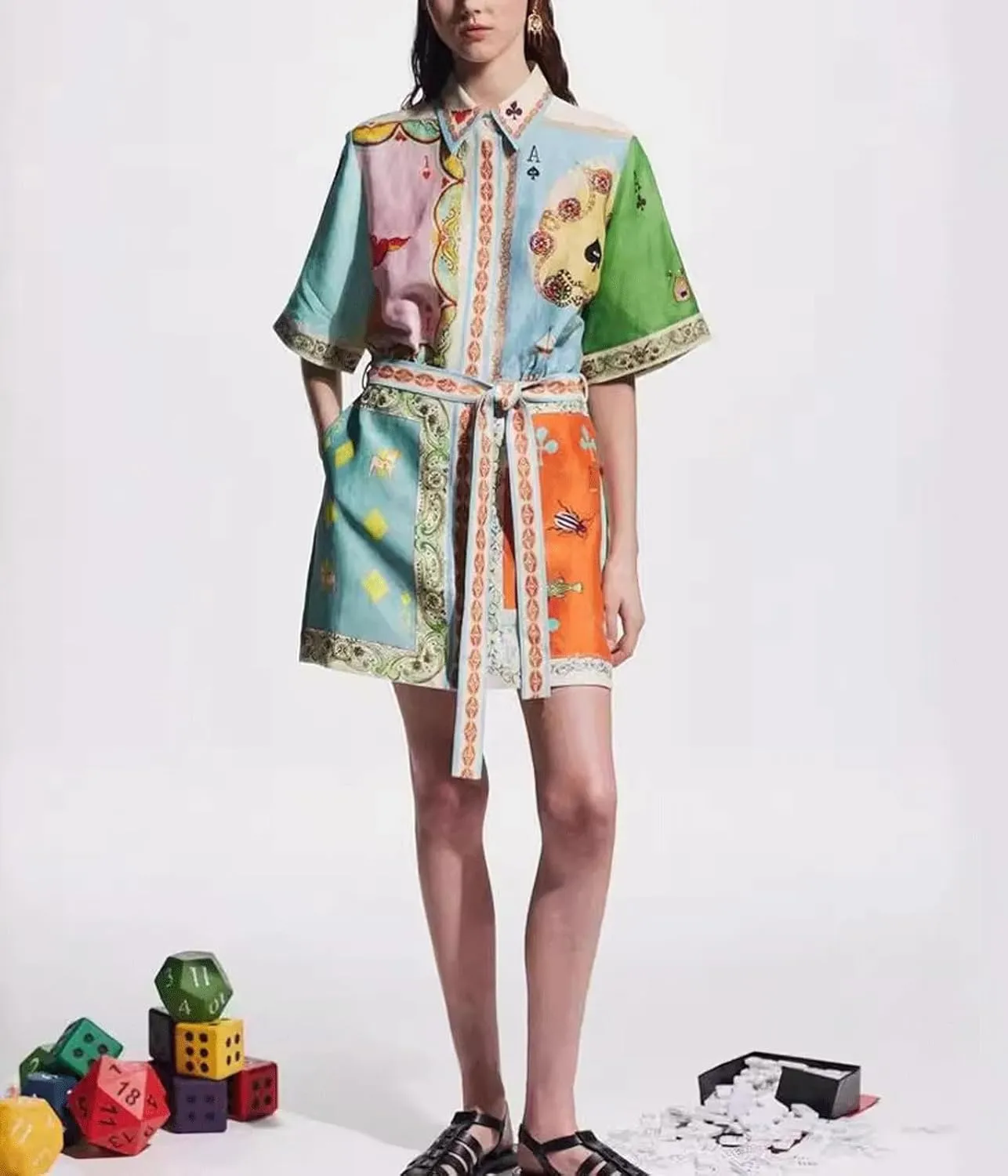 CHARTOU Women's Button Shirt Dress Floral Short Sleeve Lapel Collar Tie Knot Linen A Line Dress with Pockets