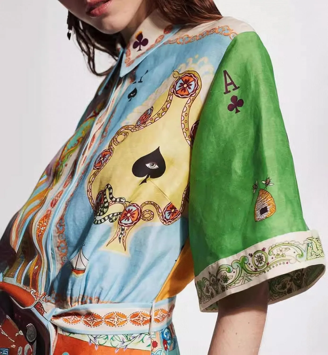 CHARTOU Women's Button Shirt Dress Floral Short Sleeve Lapel Collar Tie Knot Linen A Line Dress with Pockets