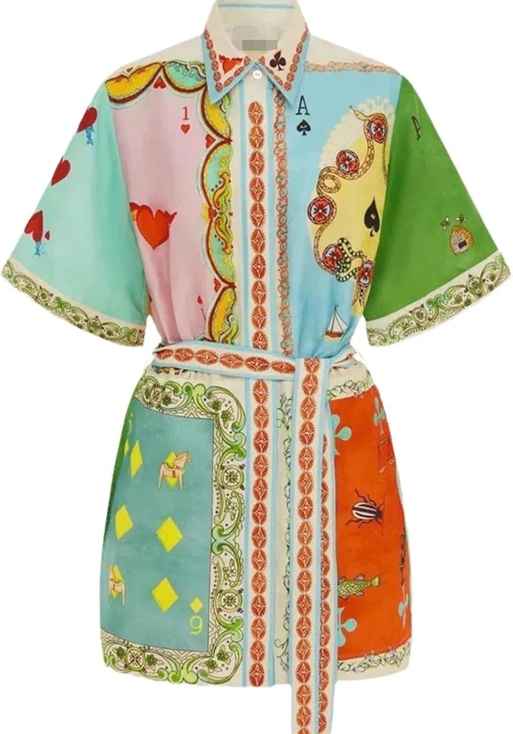 CHARTOU Women's Button Shirt Dress Floral Short Sleeve Lapel Collar Tie Knot Linen A Line Dress with Pockets