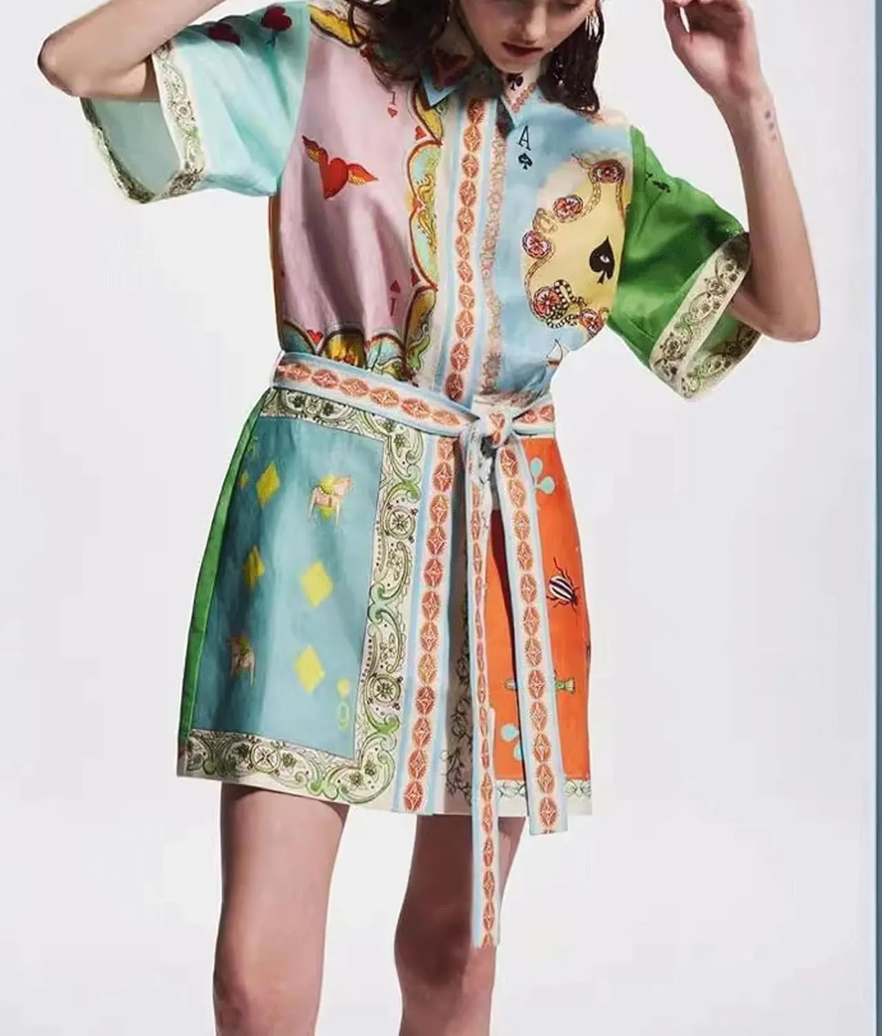 CHARTOU Women's Button Shirt Dress Floral Short Sleeve Lapel Collar Tie Knot Linen A Line Dress with Pockets
