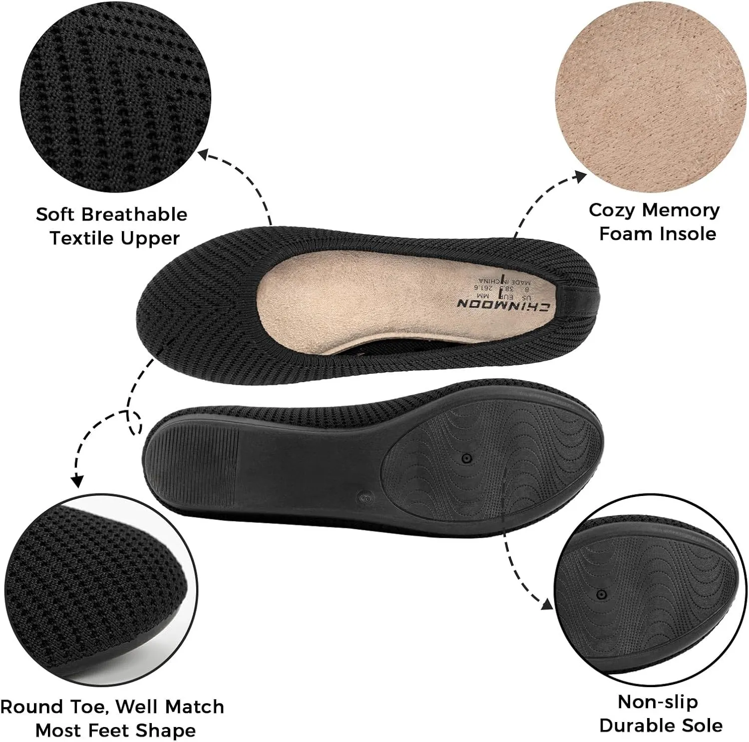 CHIN·MOON Women's Ballet Flats Comfortable Dressy Walking Dress Casual Shoes
