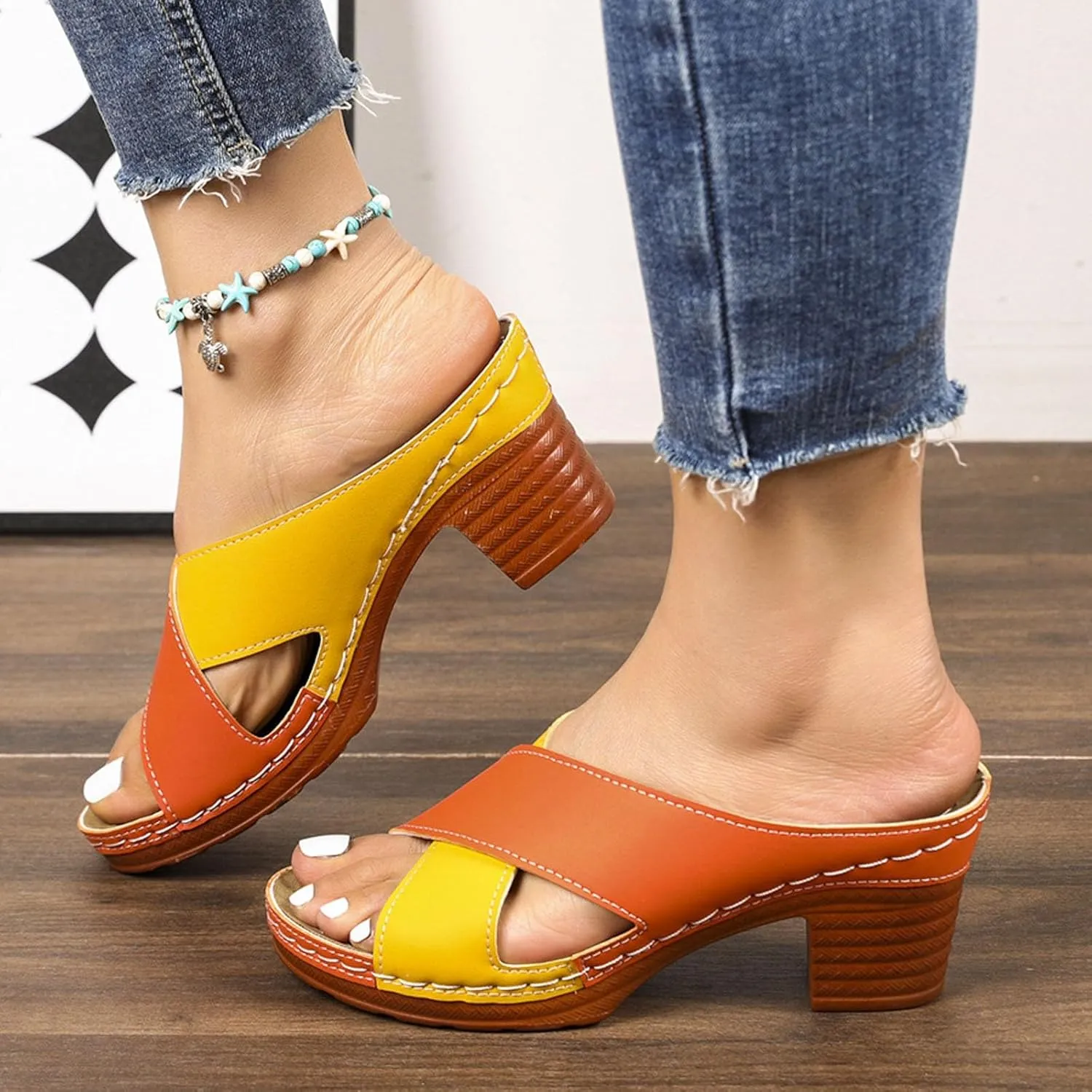 Chunky Heel Fish Mouth Women's Shoes Fashion Casual Hollow Open Heel Strap Stitching Color Spring Women Huarache Sandals