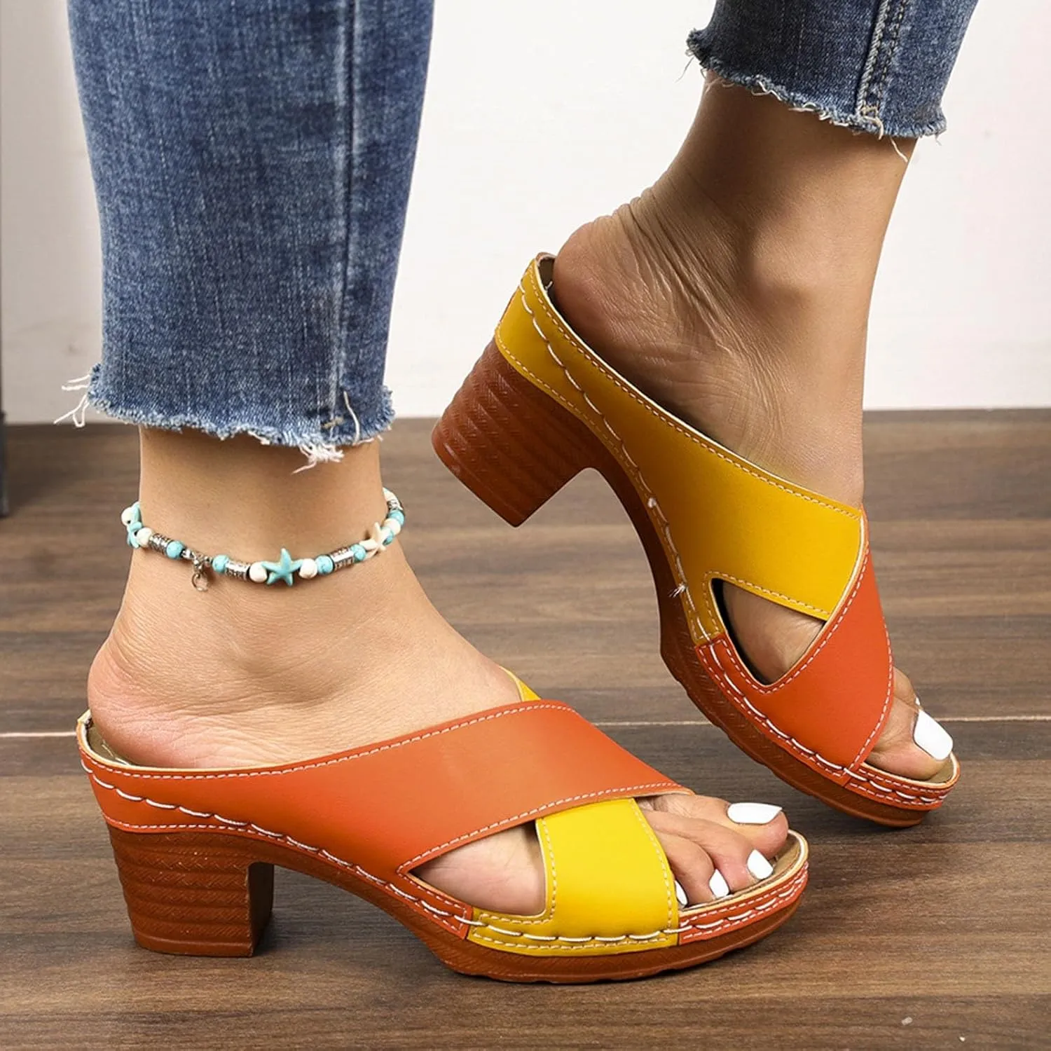 Chunky Heel Fish Mouth Women's Shoes Fashion Casual Hollow Open Heel Strap Stitching Color Spring Women Huarache Sandals