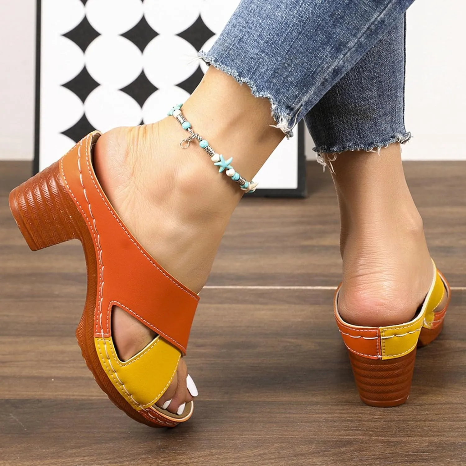 Chunky Heel Fish Mouth Women's Shoes Fashion Casual Hollow Open Heel Strap Stitching Color Spring Women Huarache Sandals