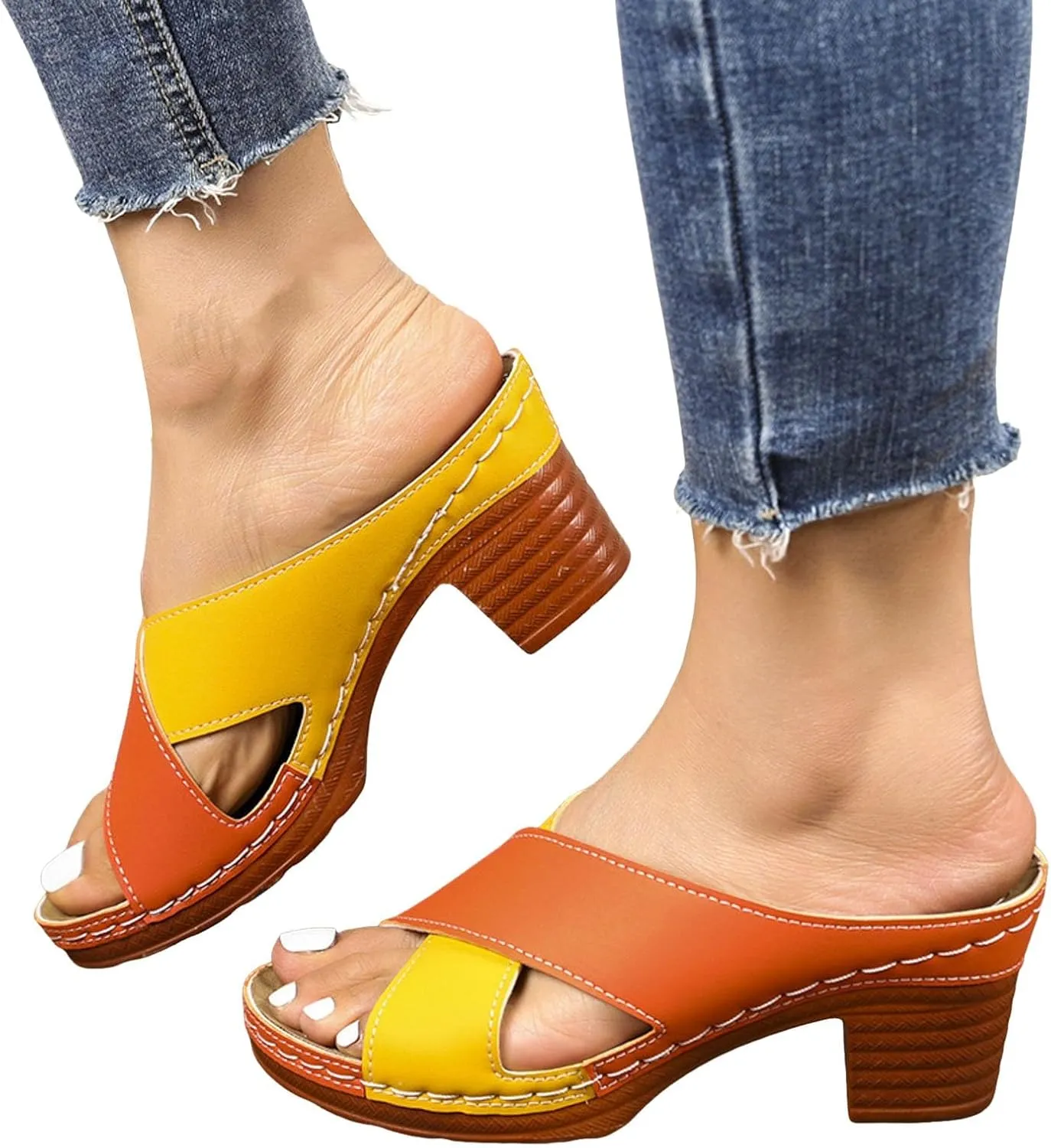 Chunky Heel Fish Mouth Women's Shoes Fashion Casual Hollow Open Heel Strap Stitching Color Spring Women Huarache Sandals