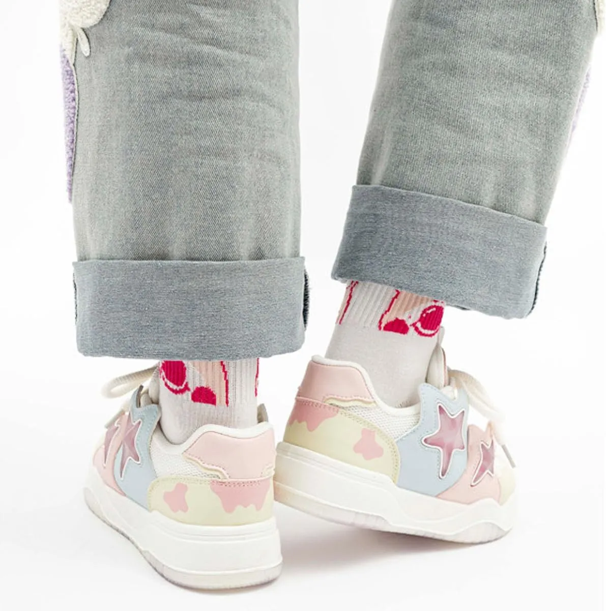 Chunky Platform Sneakers for Women Low-top Star Skate Walking Shoes Patchwork Cow Print Casual Students Back to School