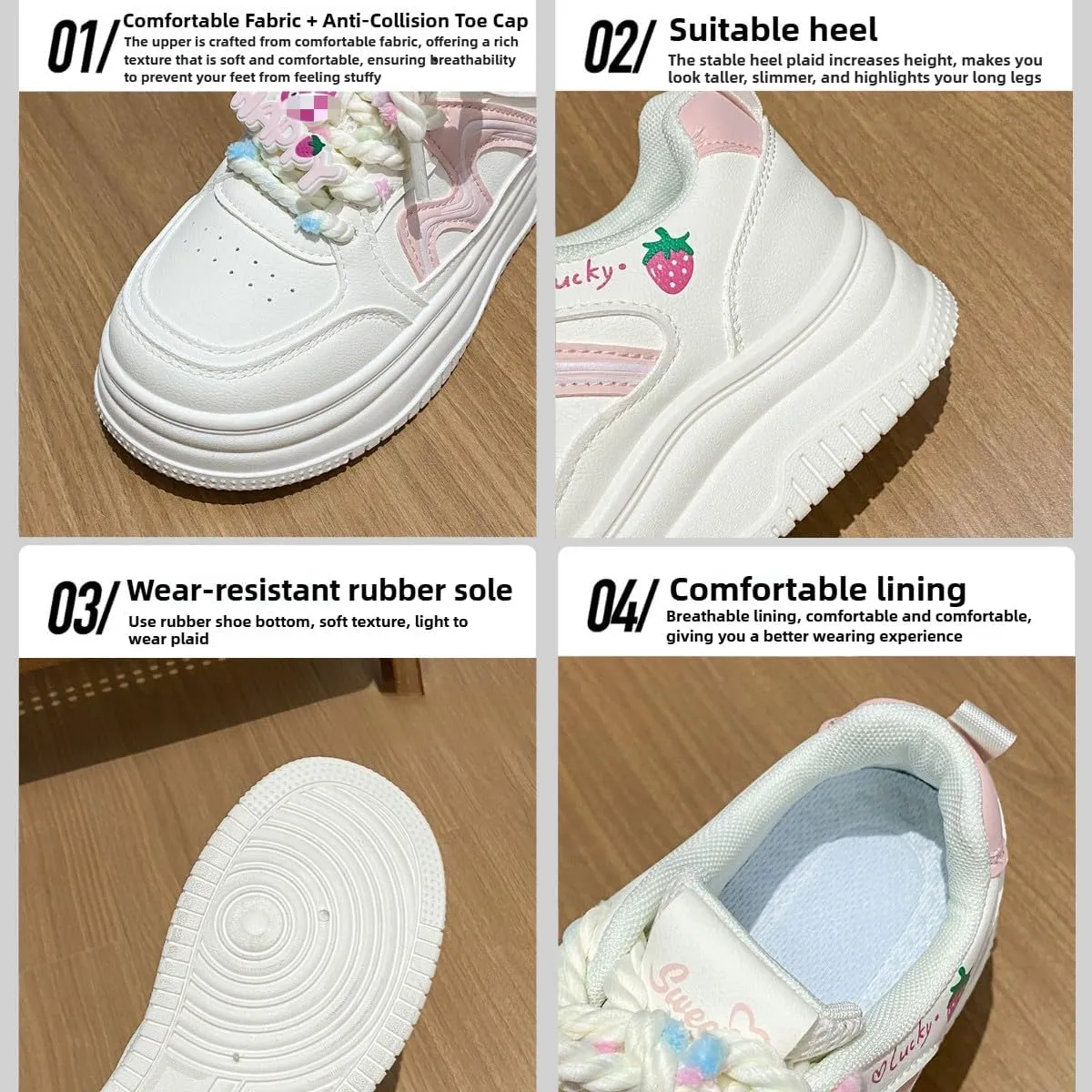 Chunky Platform Sneakers for Women Strawberry Pattern Skate Shoes with Accessories Sport, Travel Casual Walking
