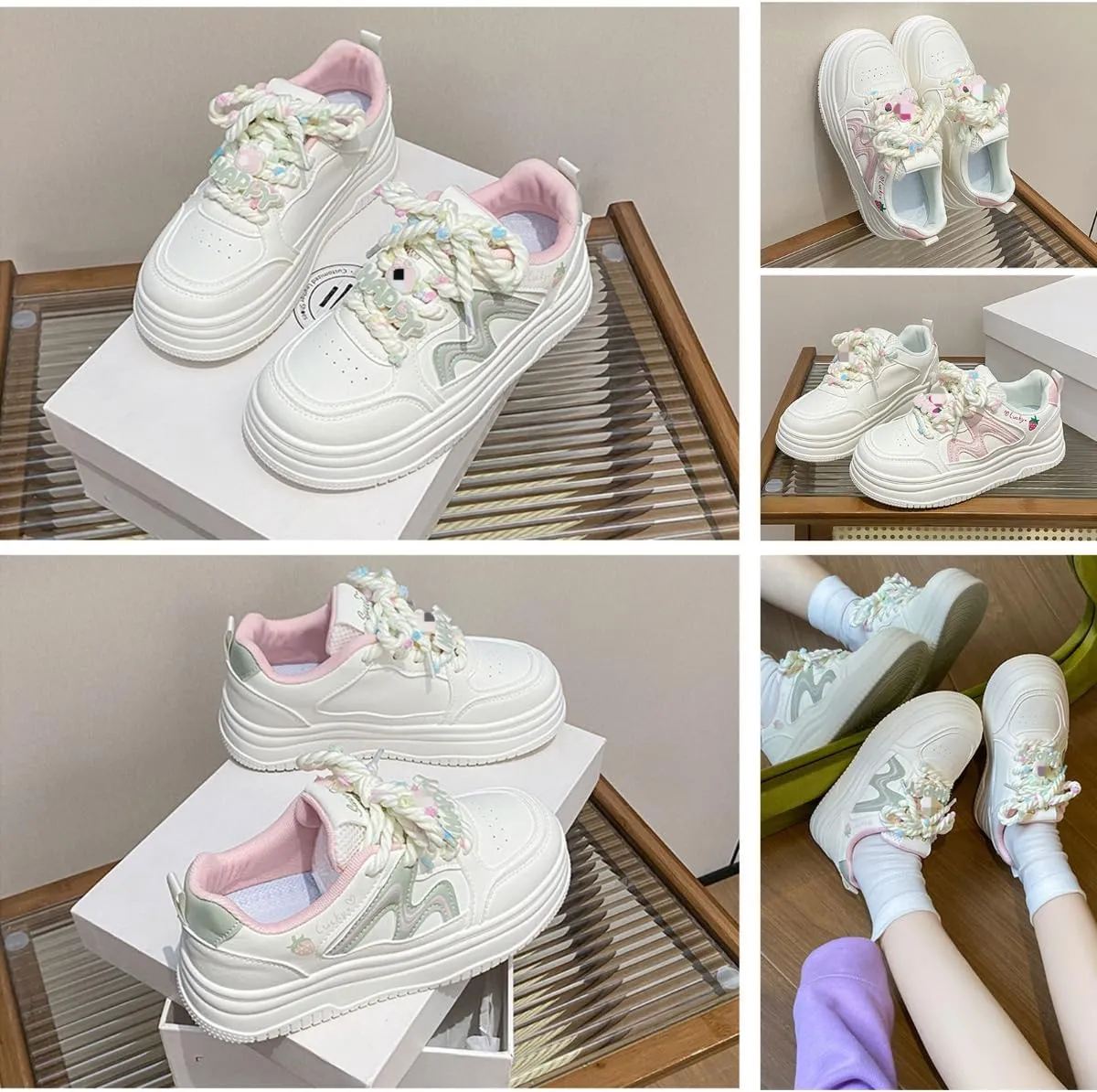 Chunky Platform Sneakers for Women Strawberry Pattern Skate Shoes with Accessories Sport, Travel Casual Walking