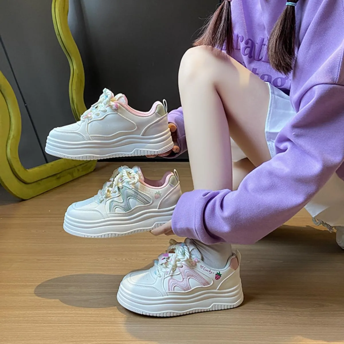 Chunky Platform Sneakers for Women Strawberry Pattern Skate Shoes with Accessories Sport, Travel Casual Walking
