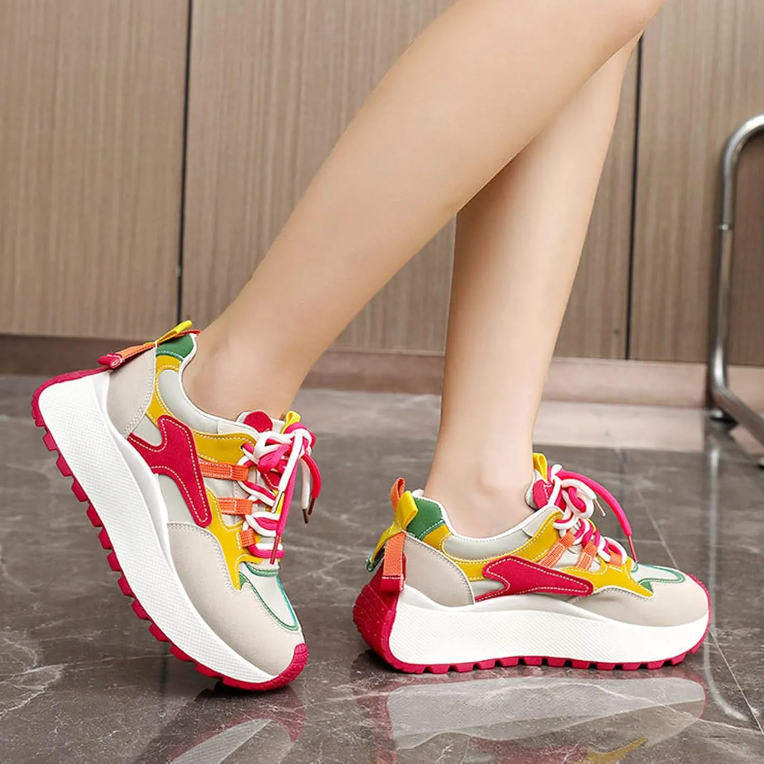 Chunky Sneakers for Women Color Block Platform Walking Shoes