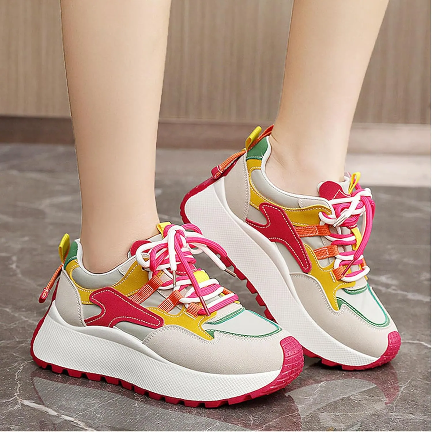 Chunky Sneakers for Women Color Block Platform Walking Shoes