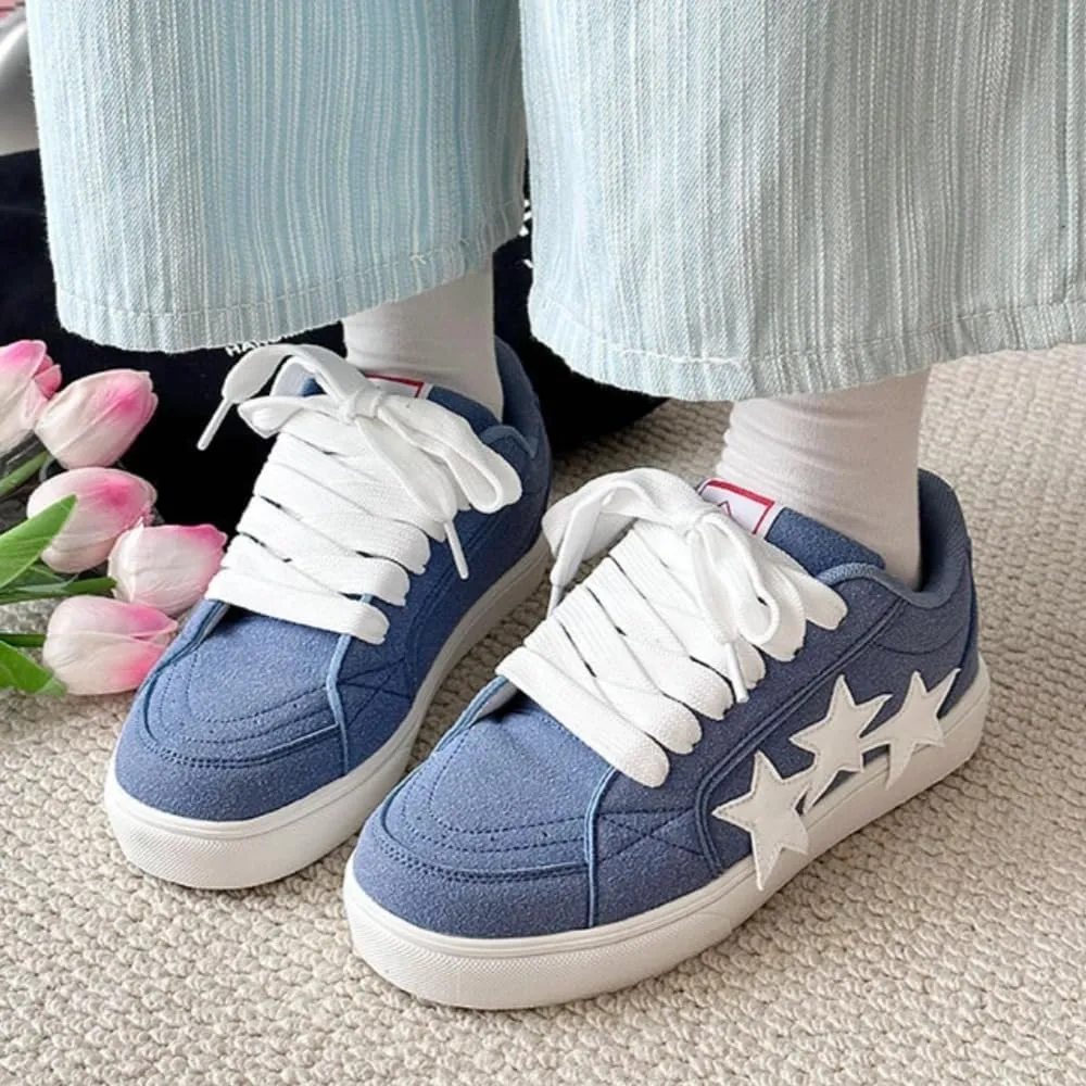 Chunky Sneakers Women, 3 Star Patch, Chunky Laces, Contrast Color, Round Toe, Height Boost, Y2K Street Platform Shoes