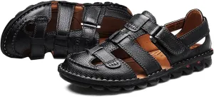 Closed Toe Hiking Sandals Men Leather Casual Trekking Sandals Summer Beach Shoes Sports Outdoor Sandals Breathable Walking Sandals
