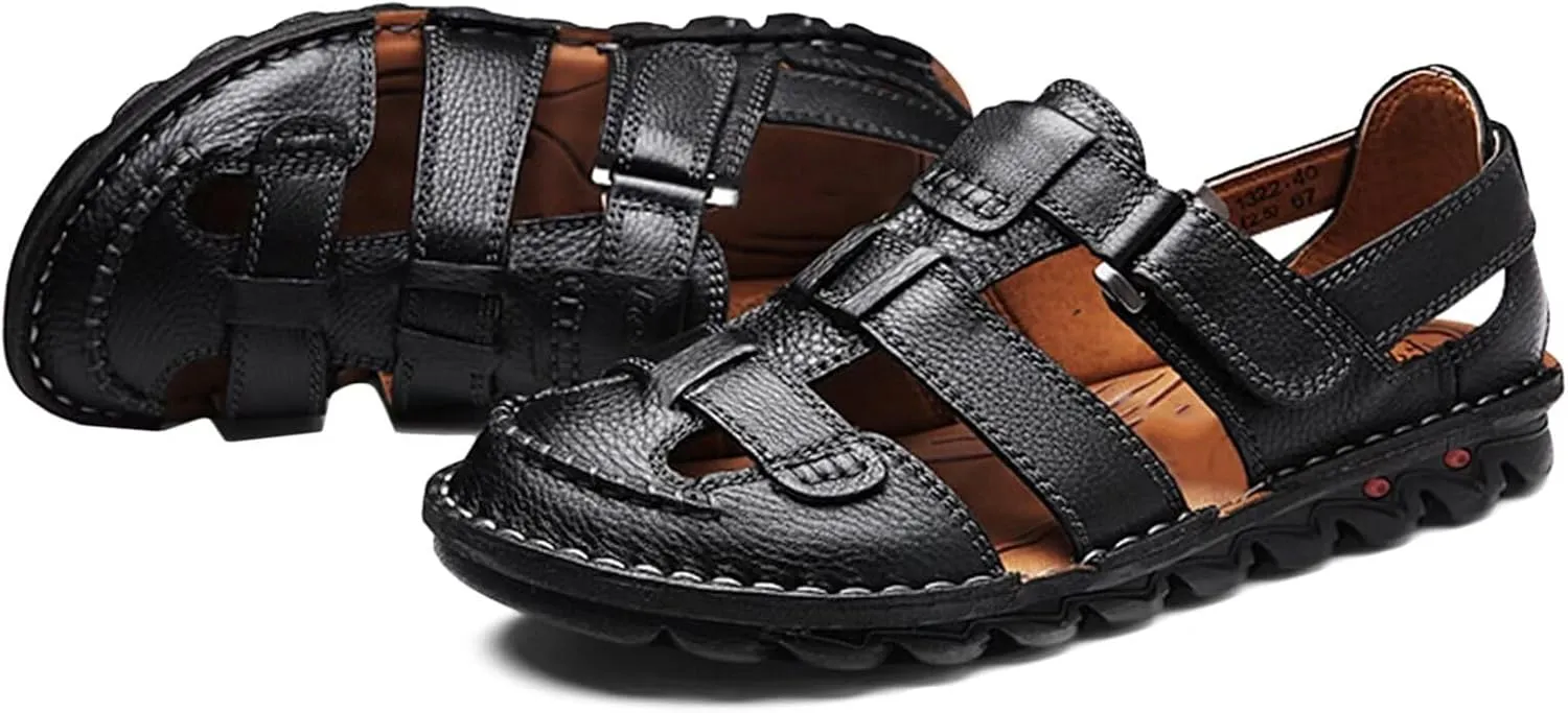 Closed Toe Hiking Sandals Men Leather Casual Trekking Sandals Summer Beach Shoes Sports Outdoor Sandals Breathable Walking Sandals