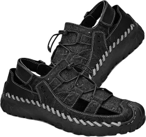 Closed Toe Sandals for Men Leather Walking Sandals Outdoor Beach Sandals Summer Fisherman Sandals for Trekking Hiking